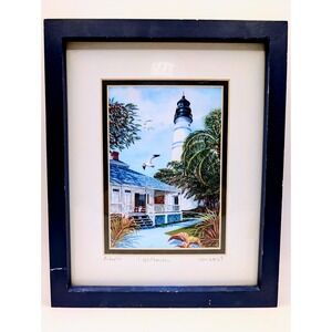 Alberto DeAndrea Key West Lighthouse Framed Art Print Blue Frame Florida Coastal